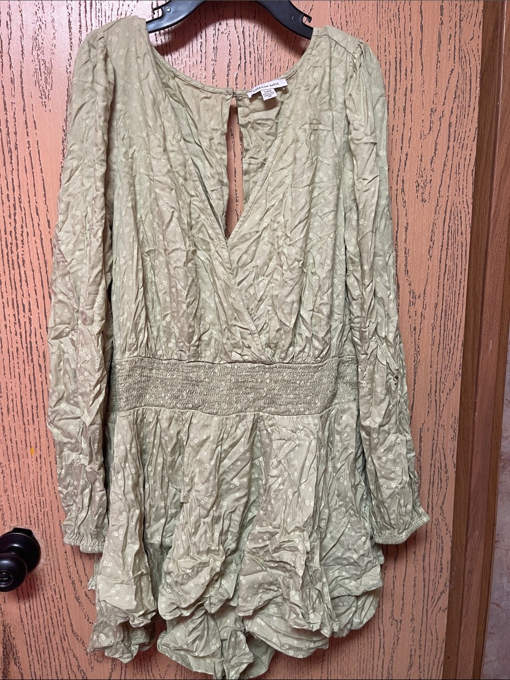 American Eagle Outfitters Sage Green Smocked-Waist Peasant romper